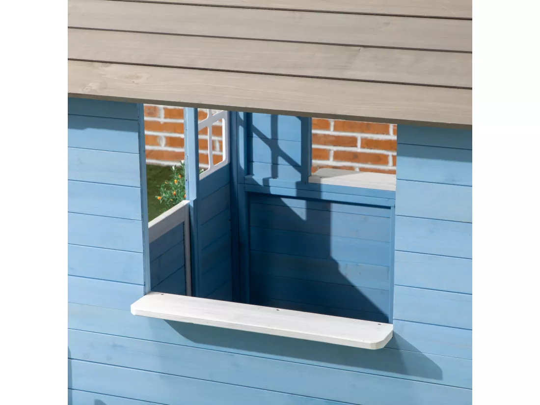 Maison de jeux enfant - jeu plein air maisonnette enfant - dim. 151L x 112l x 142H cm - bois sapin bleu blanc gris
