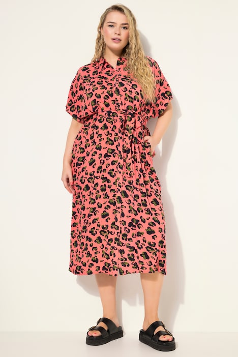 Hemdblusen-Midikleid, oversized, Color Leo, Hemdkragen, Taillen-Bindegürtel