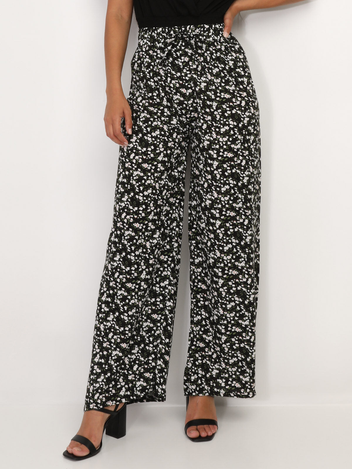 Pantalon fluide à motif floral- Noir