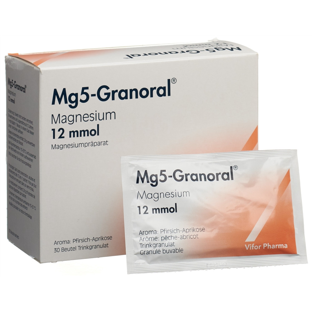 MG5-GRANORAL Gran 12 mmol Pfirsich-Aprikose Btl 30 Stk<br>30 Stück, Beutel, Granulat zur Herstellung einer Lösung zum Einnehmen, Pfirsich-Aprikose