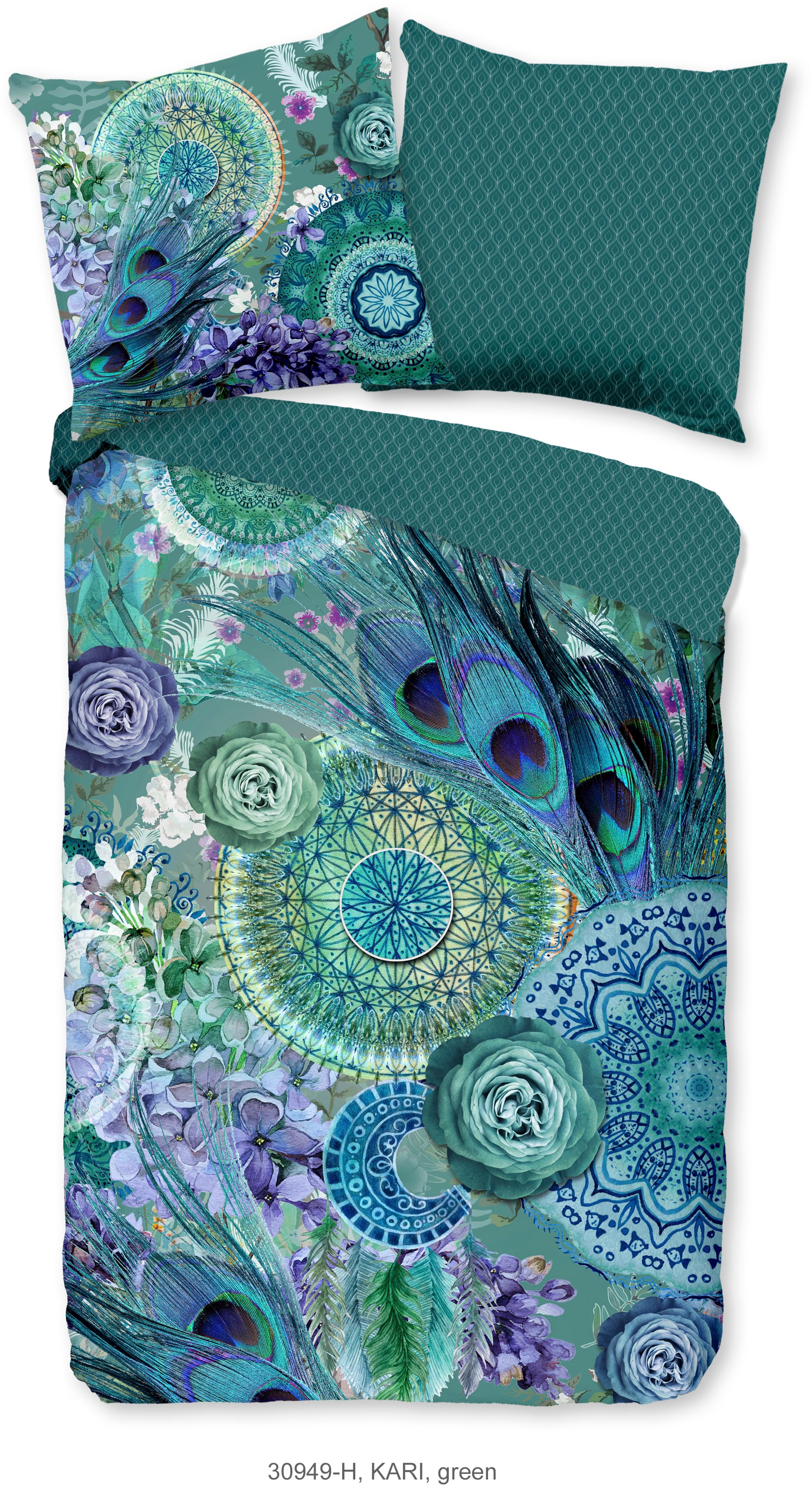 hip Wendebettwäsche »Kari« 2 Stk. tlg. Mako-Satin, 135x200, Reissverschluss, Wendeoptik, Mandala, Federn, Grün