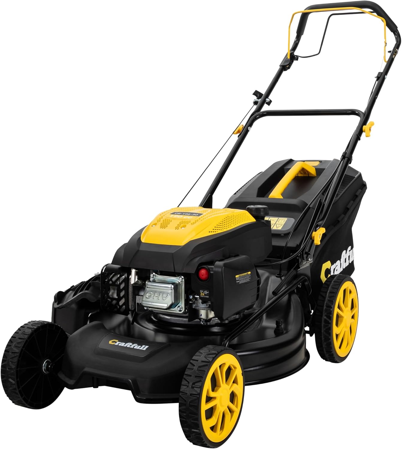 Craftfull Rasenmäher CR-196-30 | 4,4 KW 6 PS | 190 cm³ OHV Motor | Benzinrasenmäher - Mäher Benzin - Selbstfahrantrieb - 53 cm Schnittbreite in 7 Stufen (CR-196-30 4,4 KW 6 PS 190 cm³ Motor Gelb)