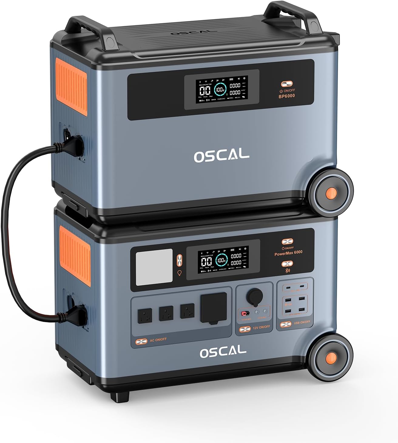 OSCAL 6000W/3600Wh Kraftwerk mit Spezieller Powermax 6000-Akkusatz Erweiterungsbatterie, erweiterbare Kapazität von 3600Wh auf 7200Wh, 6000W Solargenerator für Home Backup, Wohnmobil, Notfall