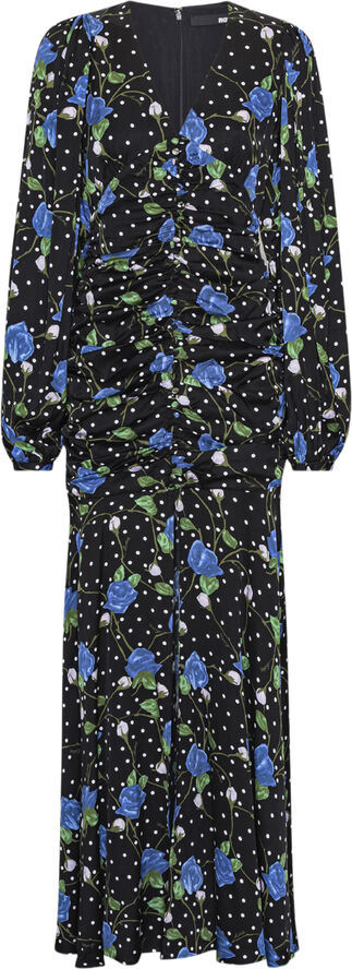 ROTATE Birger Christensen Satin Maxi V-Neck Dress Dot stemed rose   tap shoe comb.