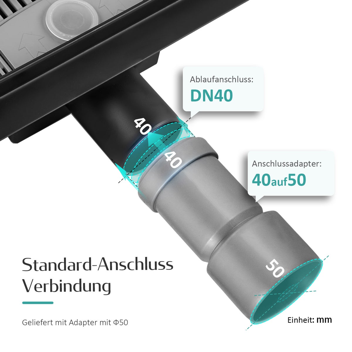 EMKE RVS doucheafvoer 2-in-1 complete set, 600 mm, betegelbaar, extra plat, zwart met haarzeef en sifon - Standaardmaat adapter 40/50 mm, installatiehoogte 77-96 mm, waterstroom 30 l/min.