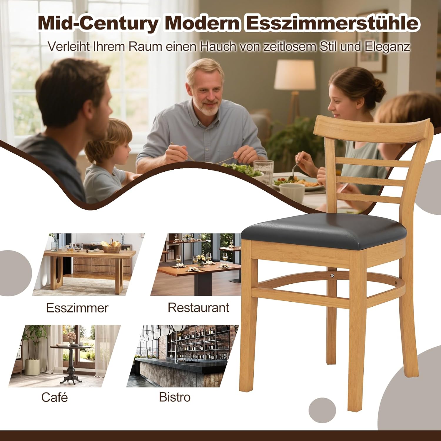 COSTWAY Esszimmerstühle 2er Set, Küchenstühle Holz, Esstisch Stühle mit gepolsterter Sitz, Holzstühle bis 180 kg belastbar, für Esszimmer, Küche (Natur)