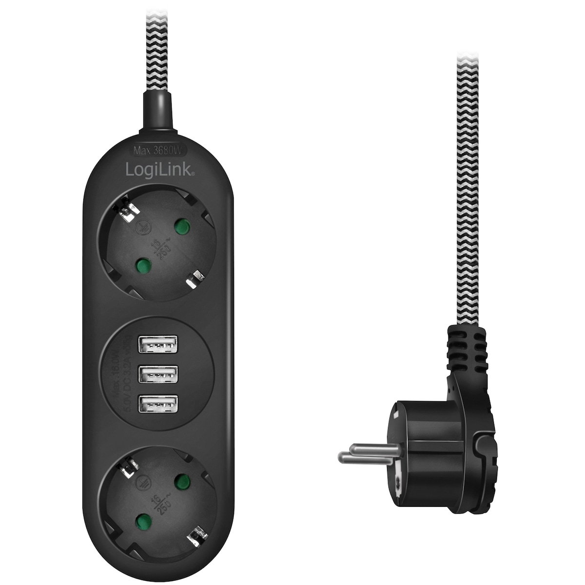 Forgreningskontakt Jordet 2-veis 3xUSB Flatplugg