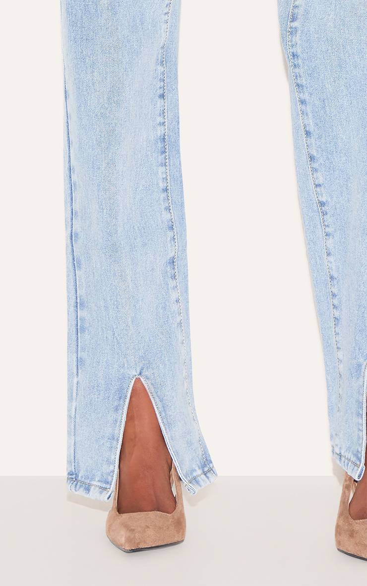 Light Blue Wash Jean Droit Jambes Longues Avec Fente Frontale
