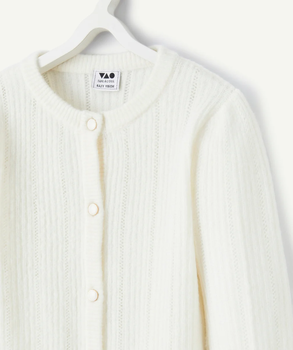 CARDIGAN FILLE EN TRICOT AJOURÉ ET FIBRES RECYCLÉES ÉCRU AVEC BOUTONS