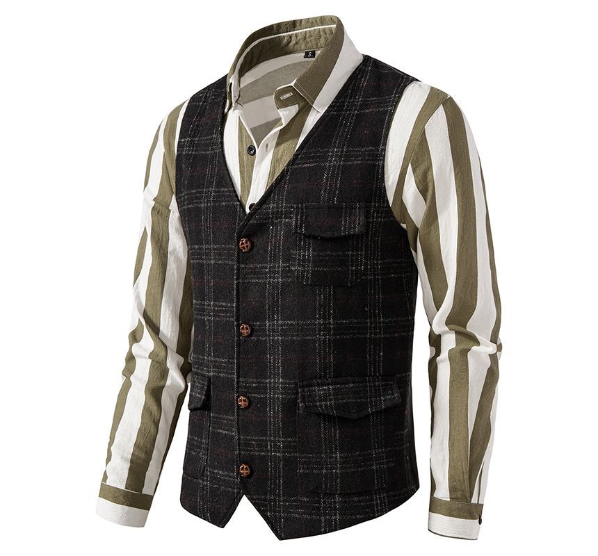 Fireon - V-hals geruit vest met knoopjes