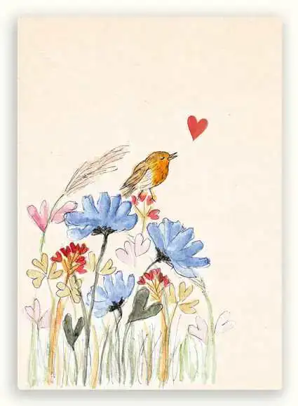 Kaart vogeltje bij bloemen