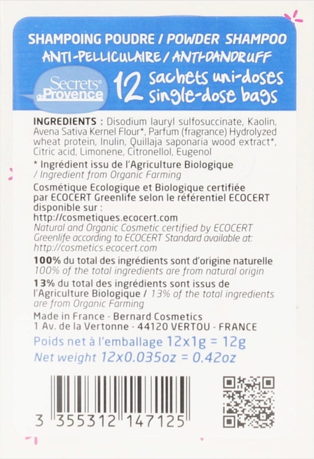 Secrets de Provence  Shampoo-Pulver Bio Anti Schuppen, 12 g