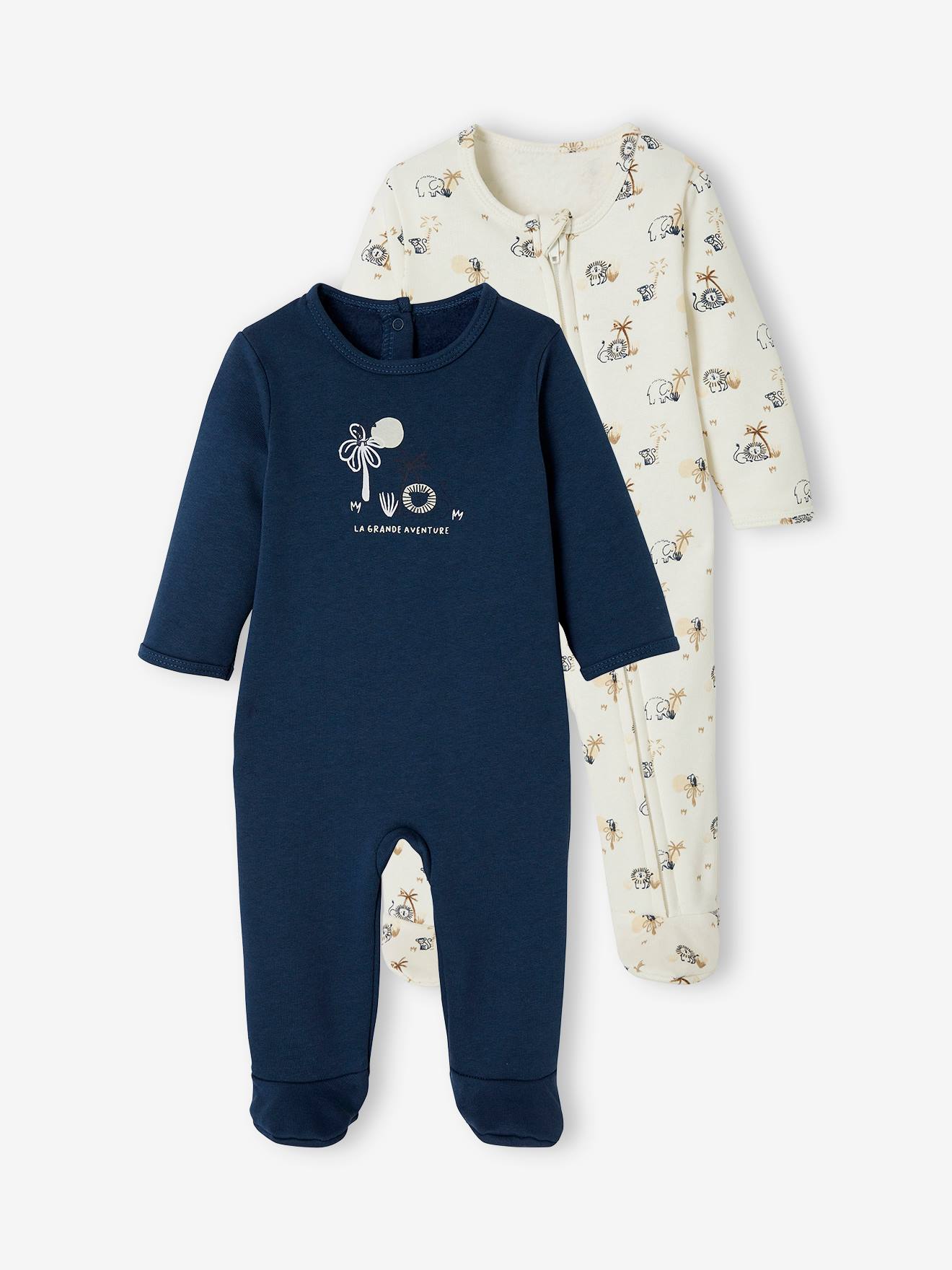 Conjunto de 2 pijamas de bebê de pelúcia azul-escuro em dois tons/multicoloridos
