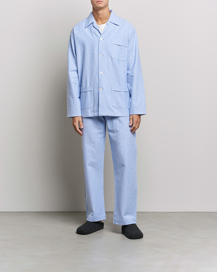 Derek Rose Brushed Cotton Flannel Herringbone Pyjama Set Blue