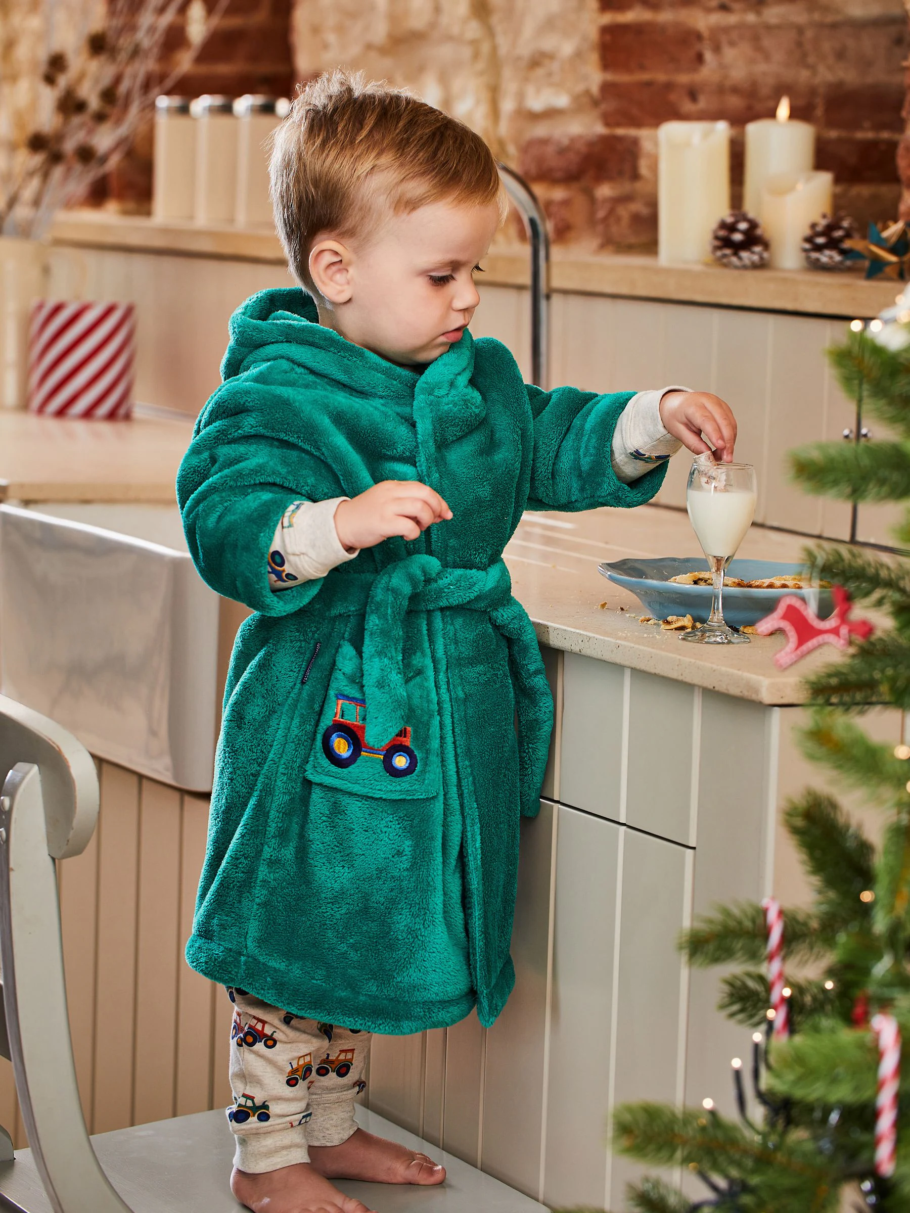 Groen met traktorenprint - JoJo Maman Bébé - Kamerjas met graafmachineprint