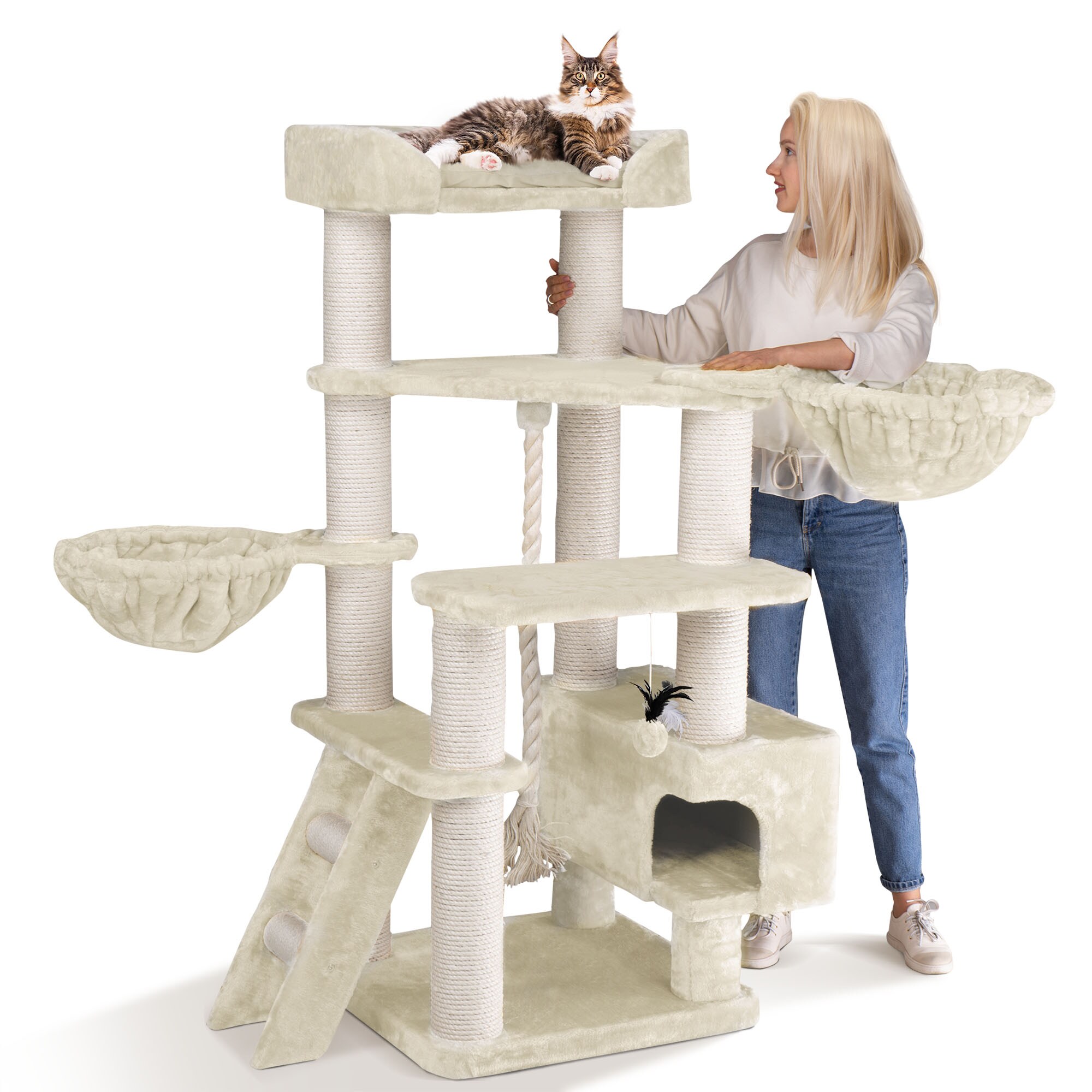 HAPPYPET Kratzbaum Stabil JACOB - 156 cm XXL, Katzenbaum für große Katzen, 48 kg Schwerlast | Creme