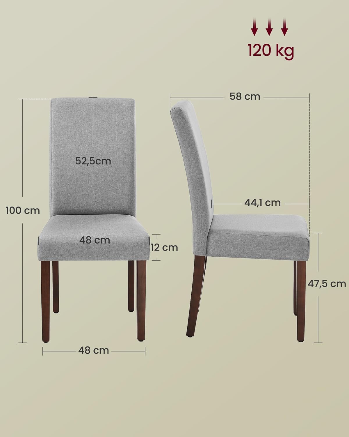 VASAGLE Esszimmerstuhl 2er Set, Küchenstuhl, Parsons-Stuhl, hohe Rückenlehne, für Esszimmer und Küche, Dickes Sitzkissen, 58 x 48 x 99 cm, Taubengrau KDC158G01