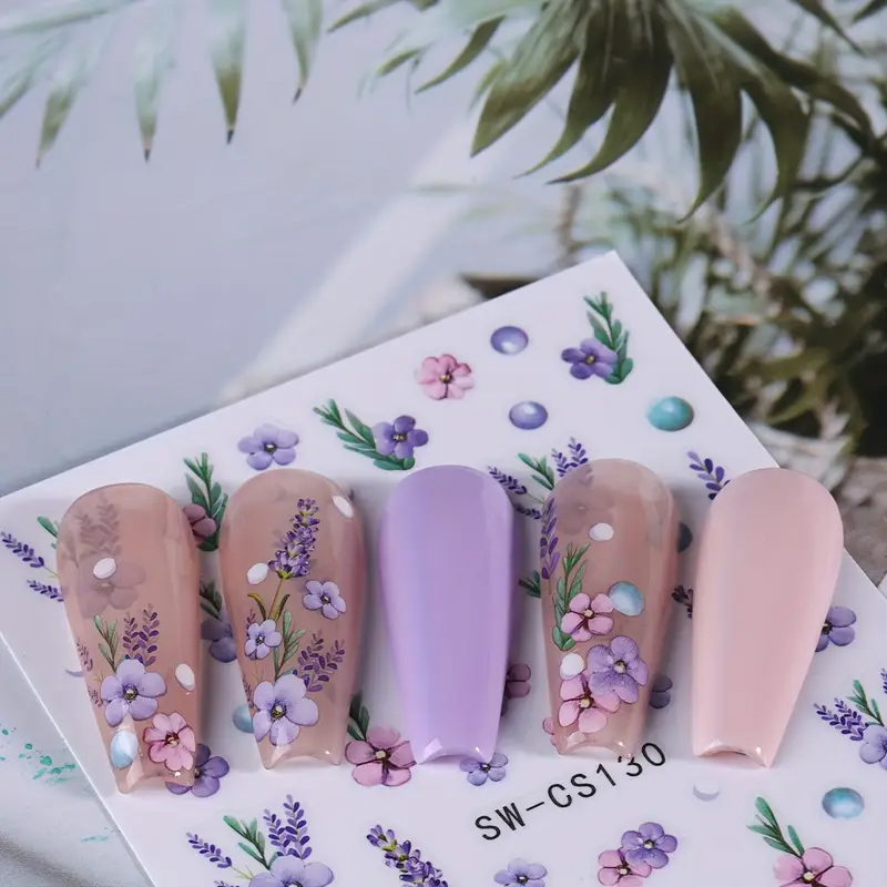 (121-tlg. Set) Nagel Sticker Nail Art Tattoo Selbstklebende Aufkleber Blumen - Lila