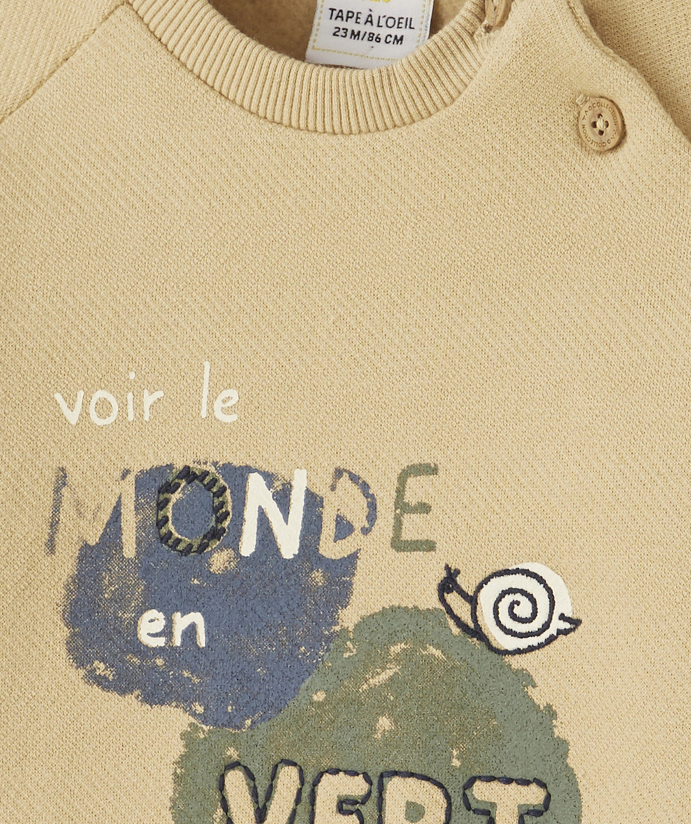 SWEAT BÉBÉ GARÇON EN FIBRES RECYCLÉES BEIGE AVEC MESSAGE