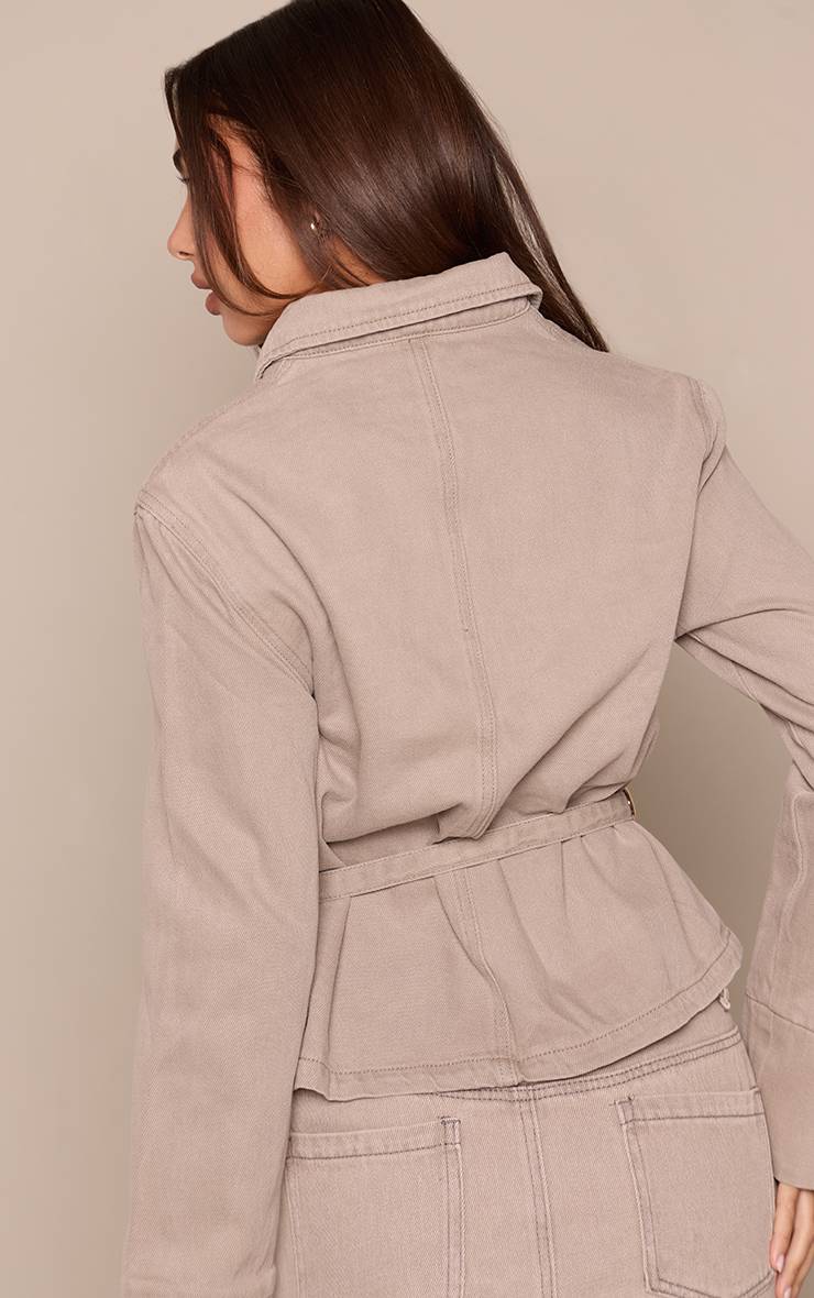 Gris Pierre Veste En Jean Courte Ceinturée À Patte De Boutonnage Dissimulée