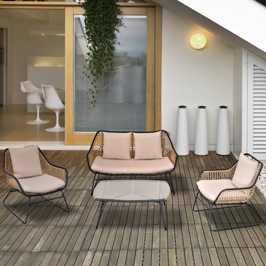 Outsunny Polyrattan Sitzgruppe mit Beistelltisch und Sitzpolstern, 4-teilig Khaki, Beige