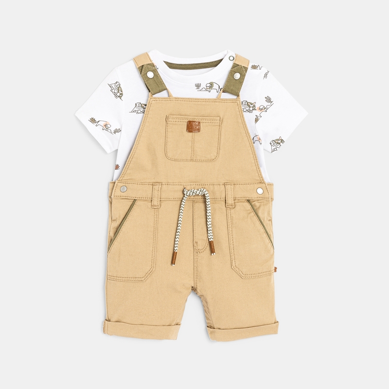 Salopette coton fantaisie et t-shirt imprimé bisons beige bébé garçon