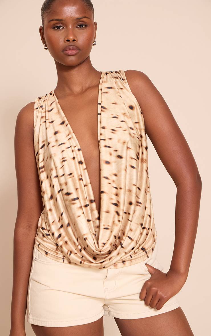 Gris Pierre Top À Col Bénitier Extrême Double Couche Slinky Imprimé Léopard