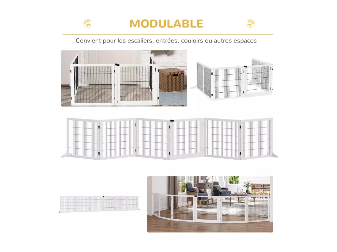 Barrière de sécurité parc enclos chien modulable pliable porte verrouillable intégrée 5 panneaux grillage acier noir bois de pin blanc