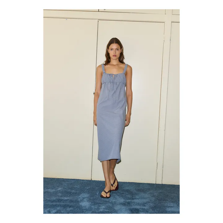 Deiji Studios Robe Ruched Tie Carreaux Popeline de Coton Bio | Bleu