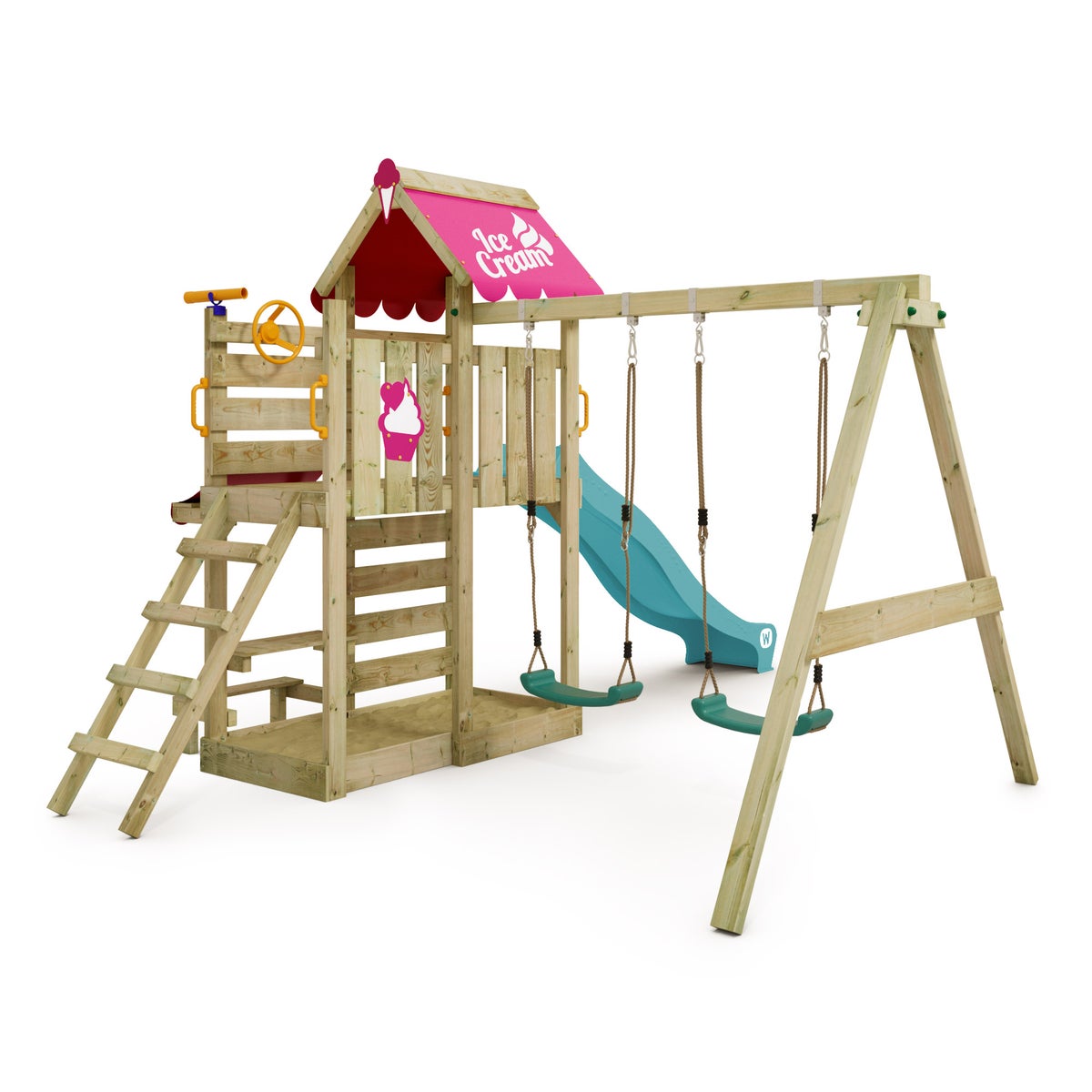 WICKEY VanillaFlyer Speeltoren Klimrek met Schommel en Glijbaan, Klimtoren met Zandbak, Ladder en Speelaccessoires - Turquoise