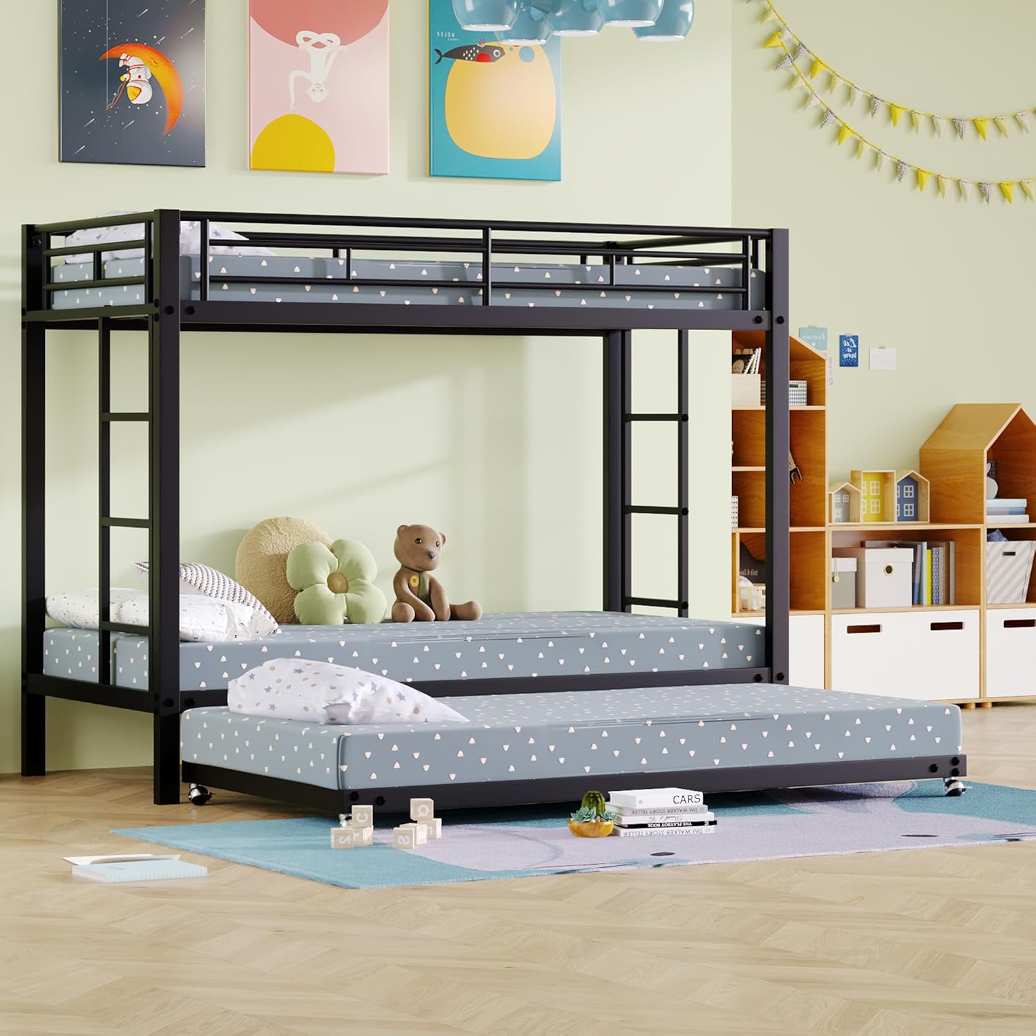 Dreier Hochbett Etagenbett 90x200cm mit Ausziehbett und Leiter, Kinderbett für 3 Kinder mit hohe Geländer, Familienbett Eisenrahmenbett, ohne Matratze (Schwarz)