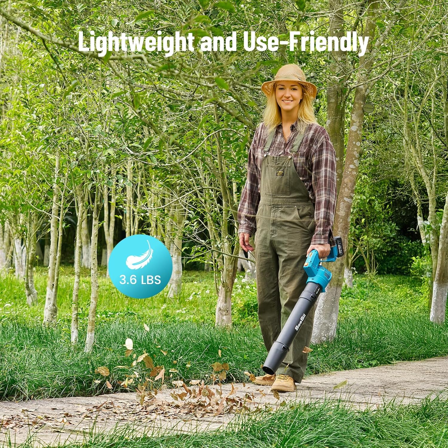 SEESII Akku-Laubbläser mit 2*4,0Ah Akkus & Ladegerät, 5 Stufen elektrisch drehbarer Outdoor-Bläser für Gartenarbeit, Laubreinigung, leicht für Hof, Terrasse, Rasen