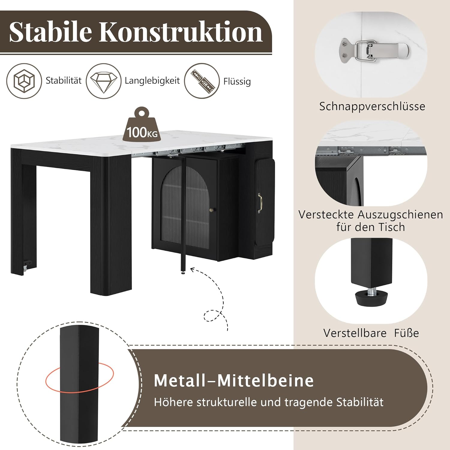 Kücheninsel mit Rollen, Ausziehbarer Esstisch mit Abnehmbarer Tischplatte, Mobile Servierwagen mit Steckdosenleisten, Sideboard oder Bartisch für Küche und Esszimmer (Schwarz)