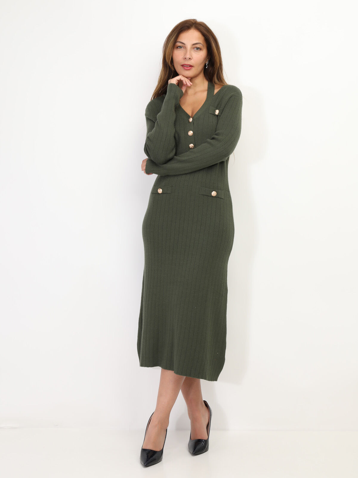 Robe longue cut out à boutons- Kaki