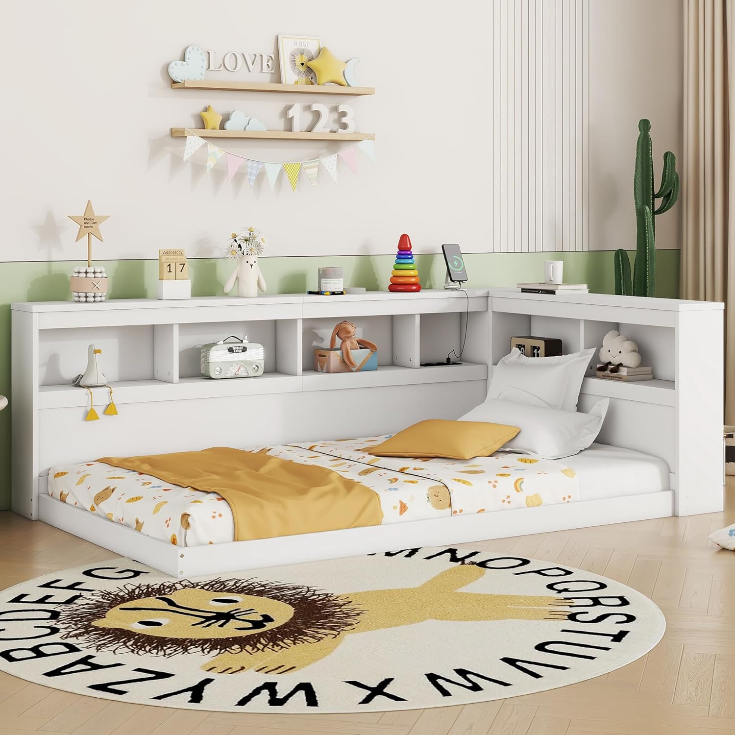 Daybett Einzelbett Bett 90x200 cm Kinderbett, Tagesbett Bodenbett mit Stauraum Regale & Ladebuchse, Holzbett Jugendbett Funktionsbett, Bettgestell mit Lattenrost, Ohne Matratze (Weiß)