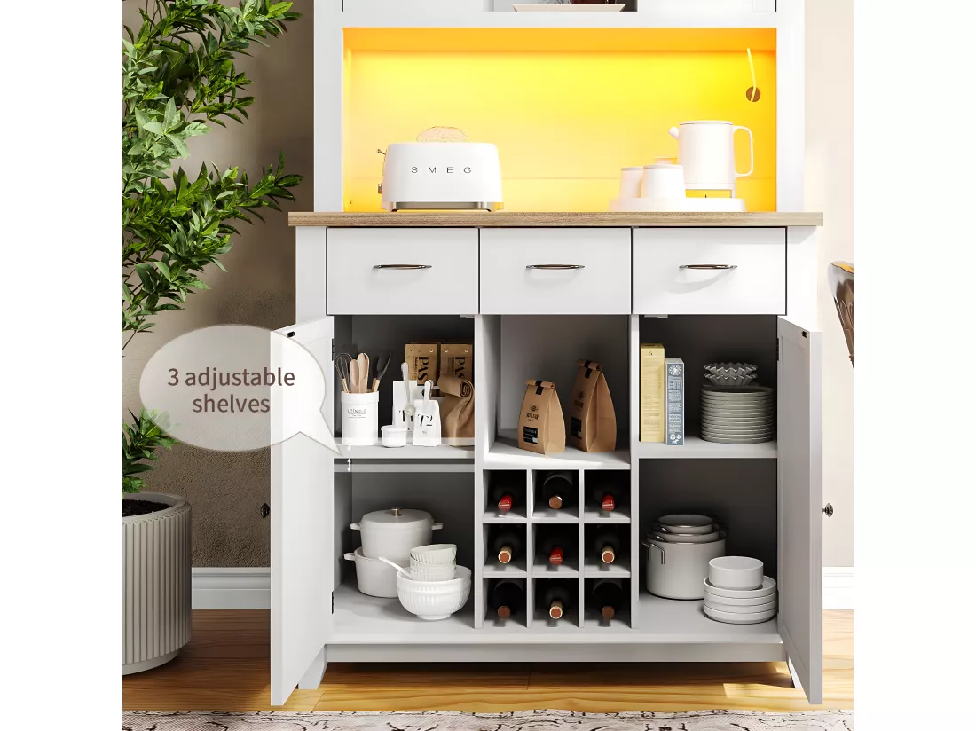 Vitrine、Buffet de cuisine avec LED - H 180cm - grand espace de rangement - Blanc