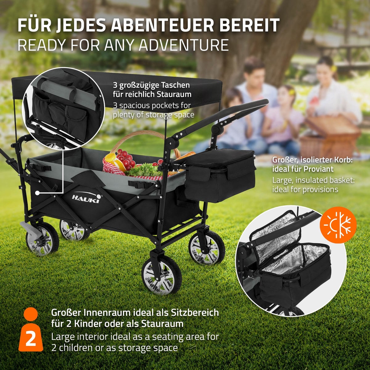 Hauki XXL opvouwbare bolderkar met luifel en tas, zwart-grijs, opvouwbare handkar voor duwen en trekken, kindertransportkar, 360° draaibare voorwielen, PU-wielen met remmen, draagvermogen 120 kg