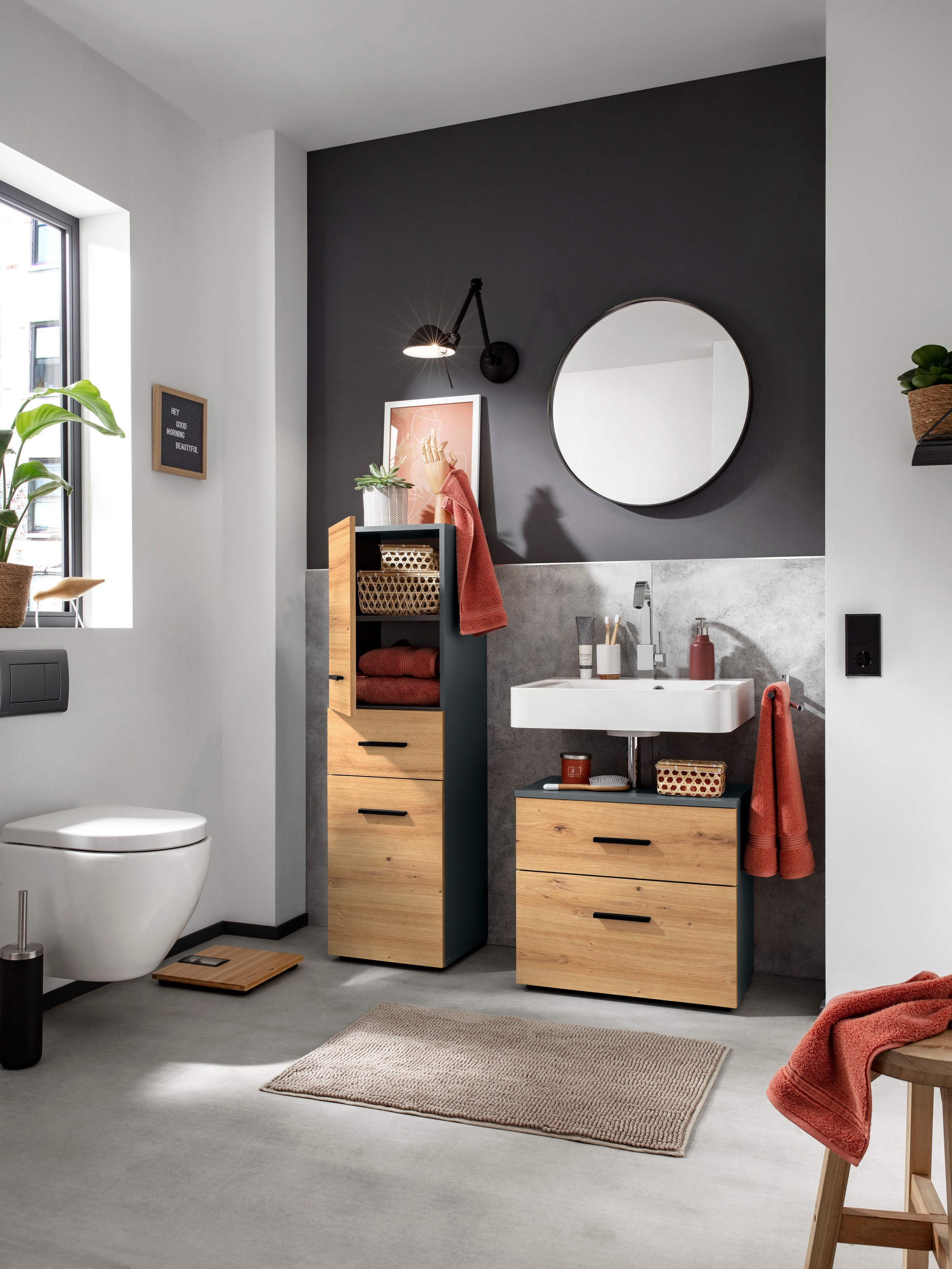 INOSIGN Waschbeckenunterschrank »Skara« mit Klappe und Schubkasten, schwarze Griffe, Breite 60 cm, Höhe 55 cm