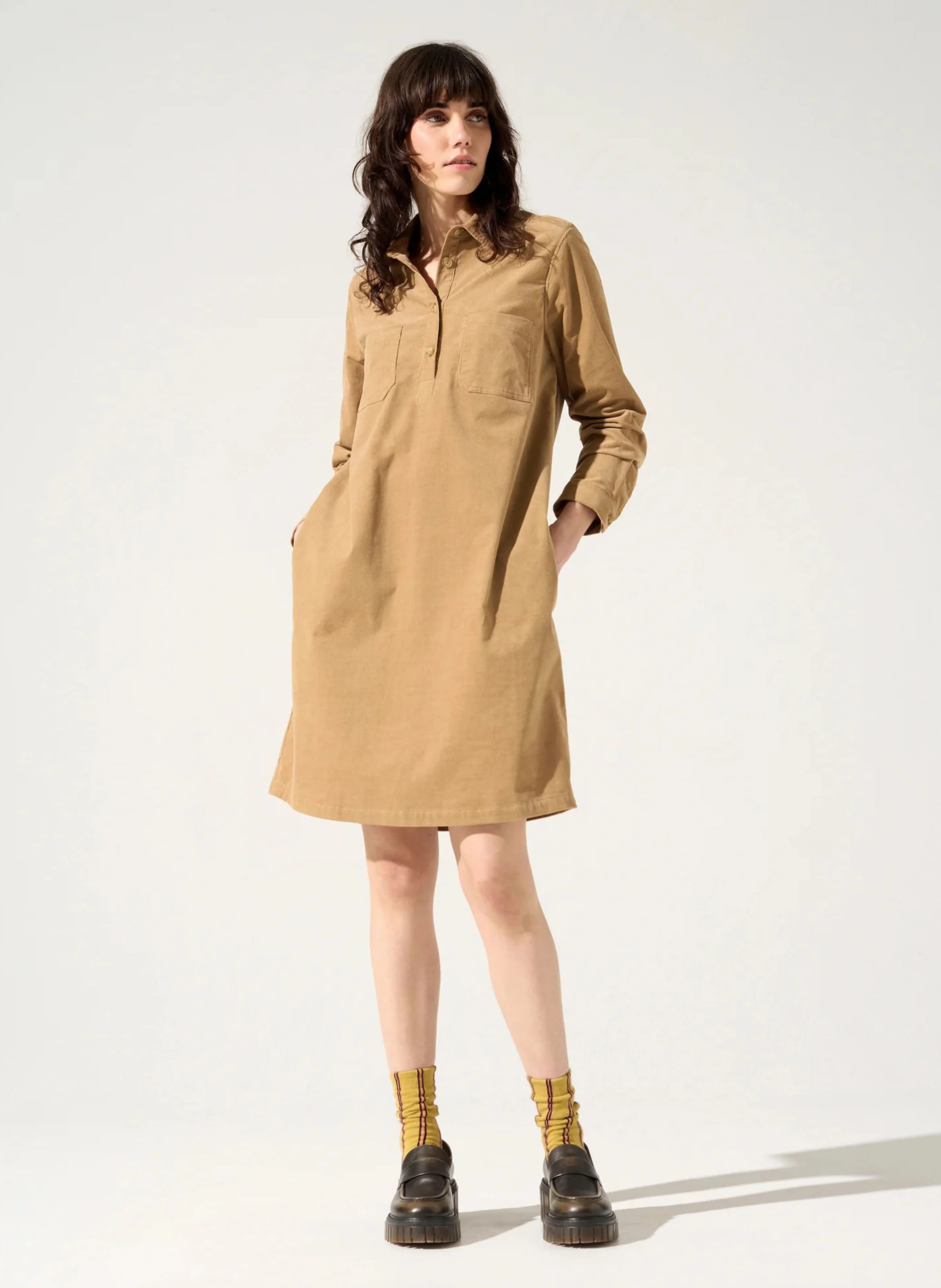 MILA - Robe droite col chemise en coton mélangé | Marron