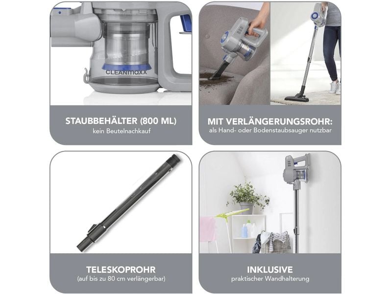 CLEANmaxx Akku-Hand- und Stielsauger Blau/Hellgrau Kompakter Akku Zyklon Staubsauger