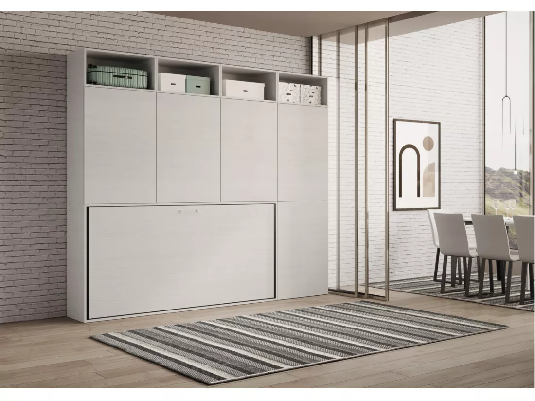 Lit escamotable horizontal blanc Bounto 85x185 avec rangement et bibliothèque composition B-1 matelas 85x185