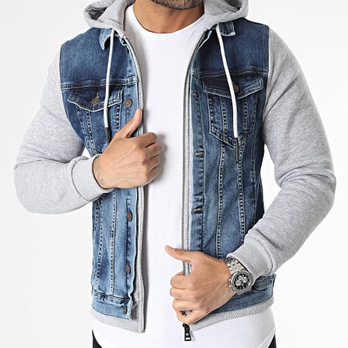 Veste Jean Capuche Bleu Denim Gris Chiné