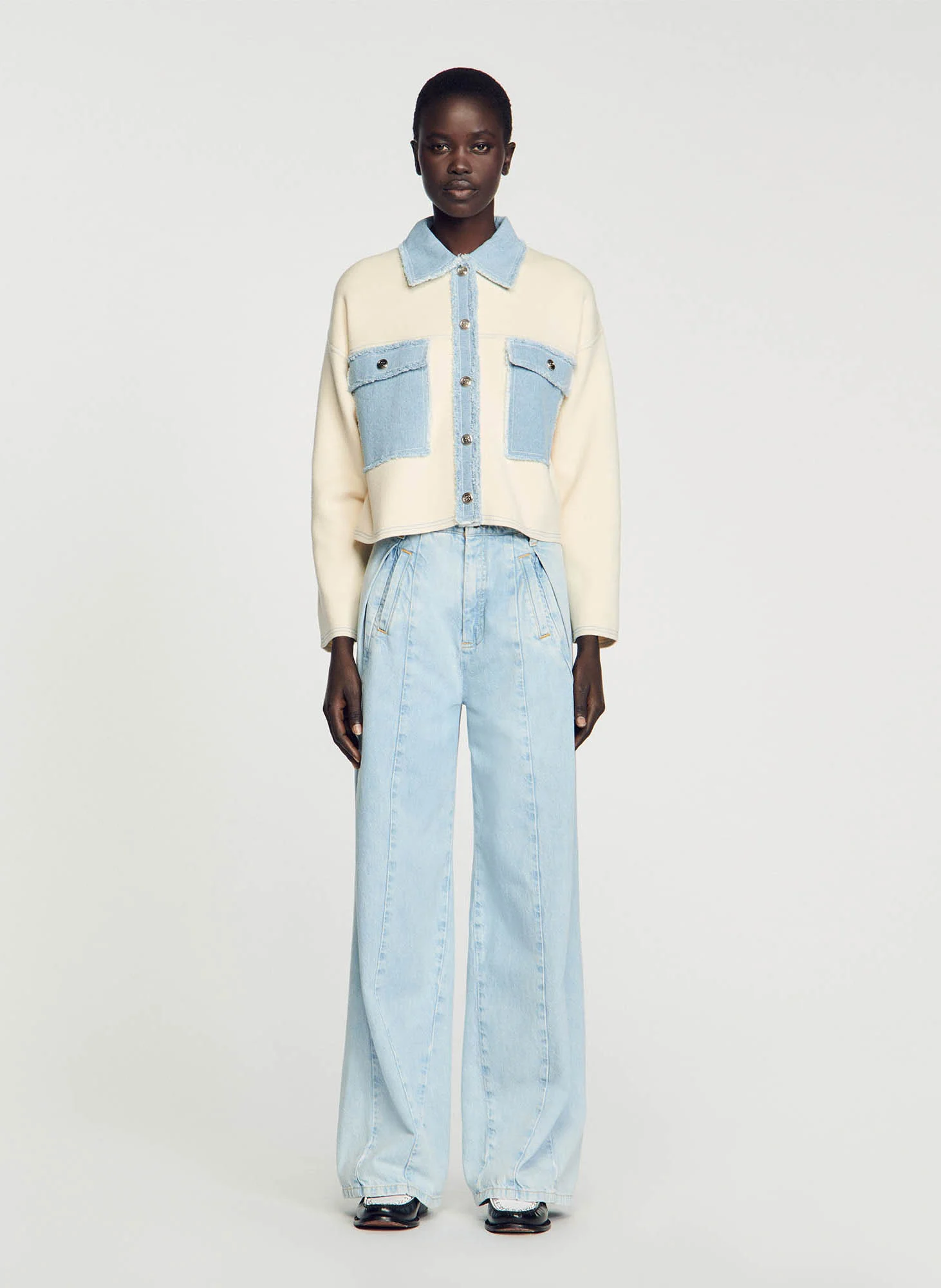 Cardigan oversize col classique bi matière| Blanc