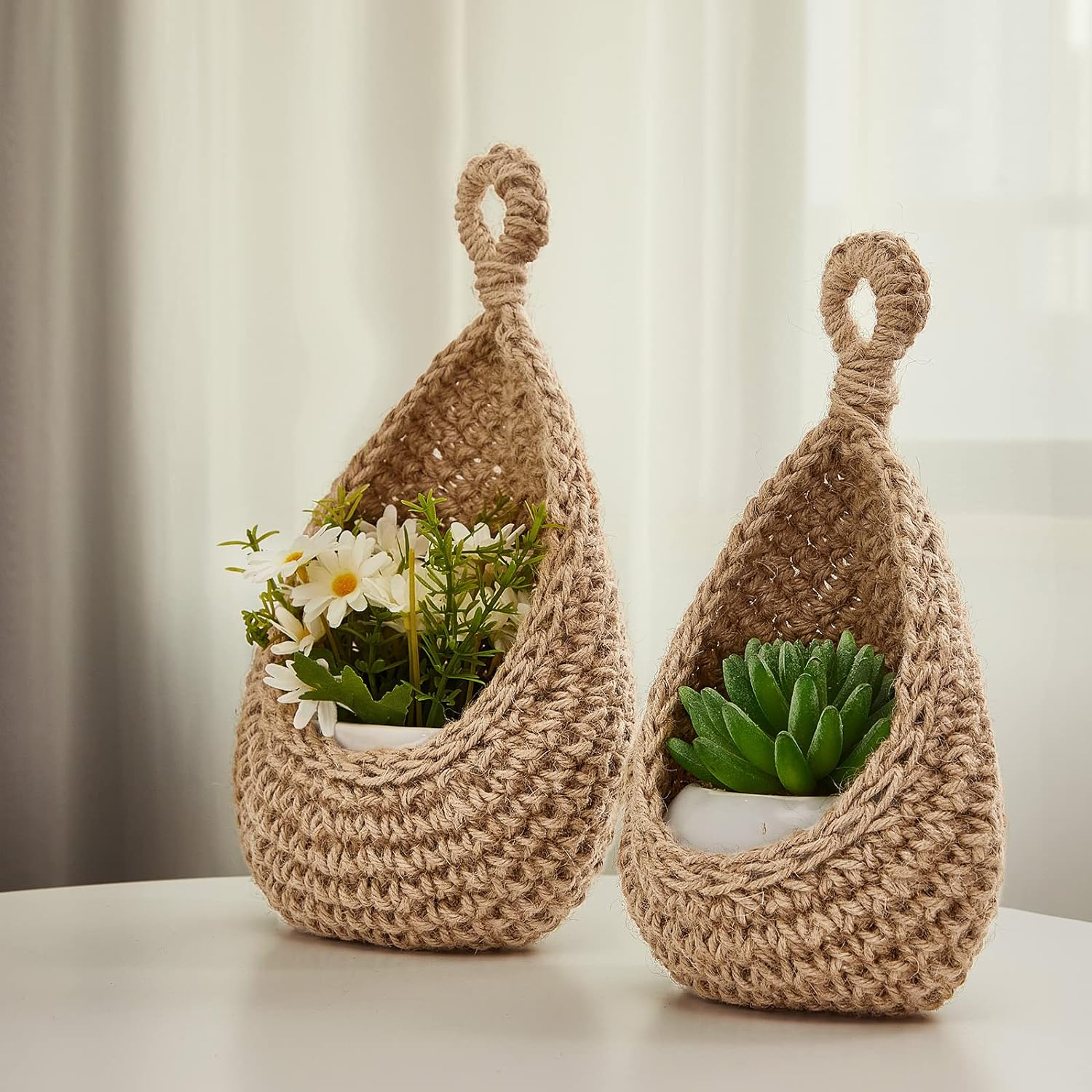 (25x19cm) Hängender Jute Wand Korb Home Accessoire Deko Organizer für Obst / Gemüse / Pflanzen - Braun