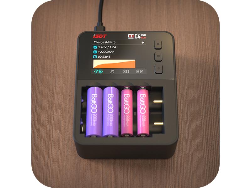 ISDT Ladegerät C4 EVO Smart Charger USB-C Ladegerät für Li-Ion, Li-fe, NiMH und NiZn Rundzellen wie 18650, AA, AAA und viele mehr