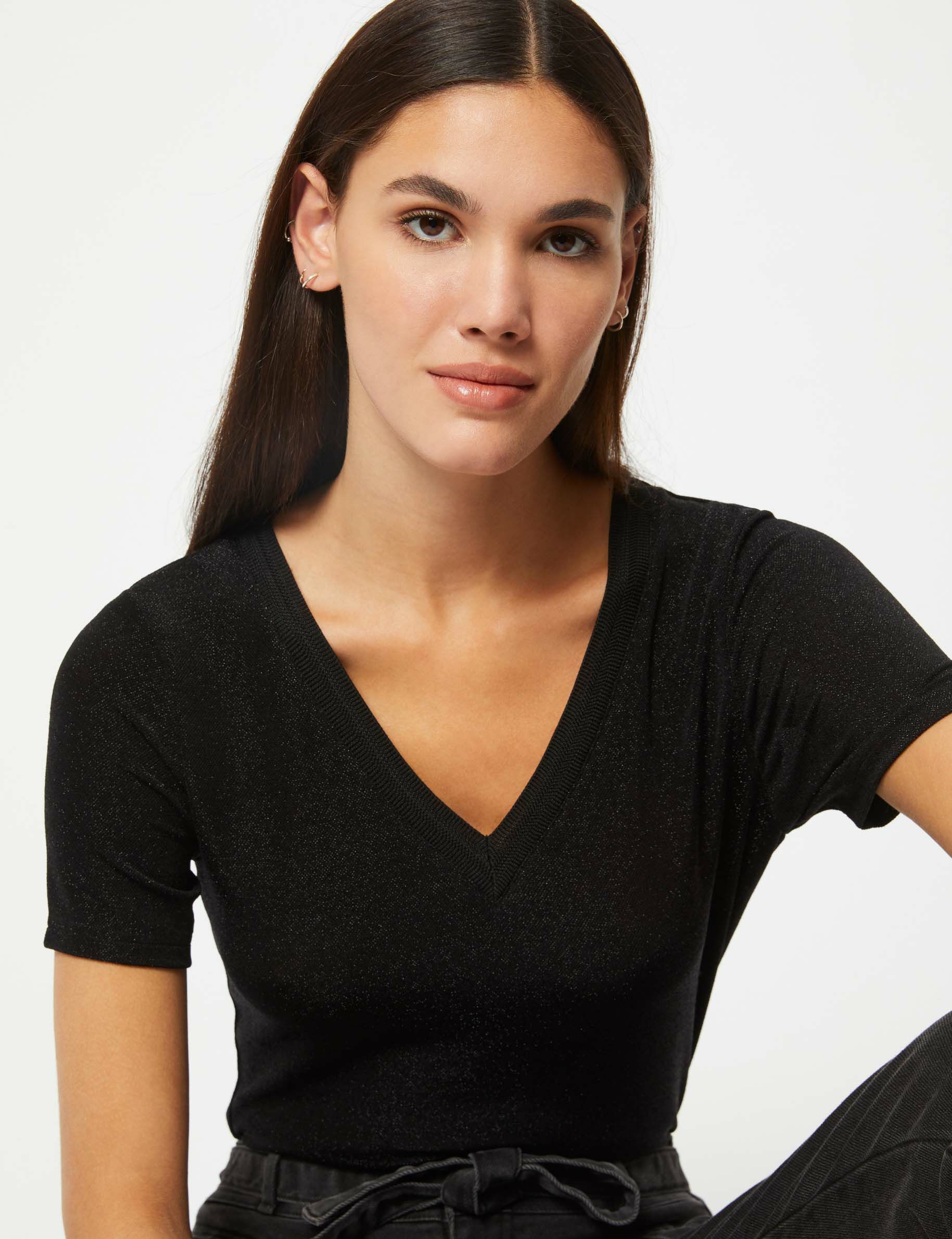 T-shirt manches courtes avec col en V noir femme - noir