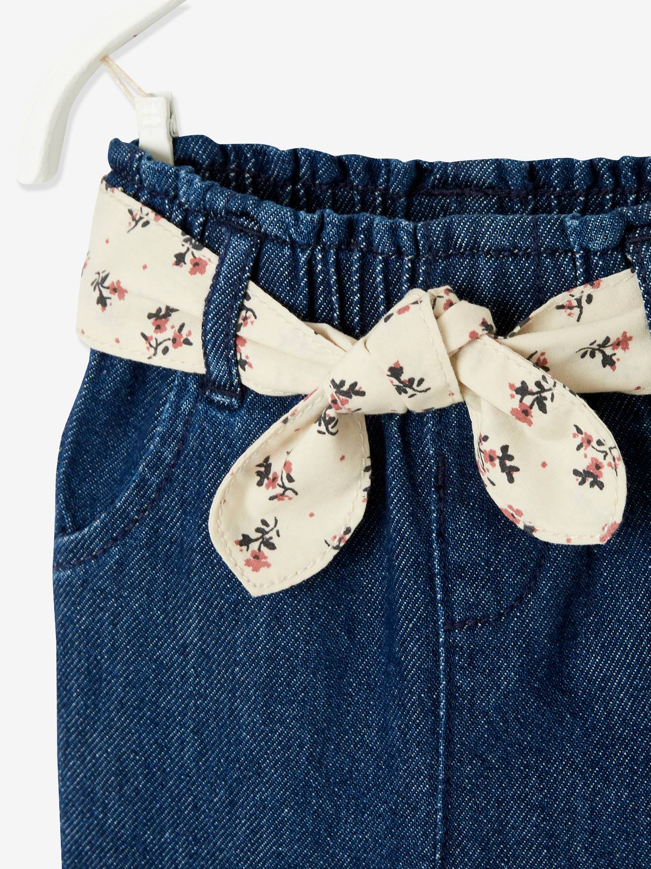 Calça jeans com cinto de tecido, para bebê, azul escuro liso