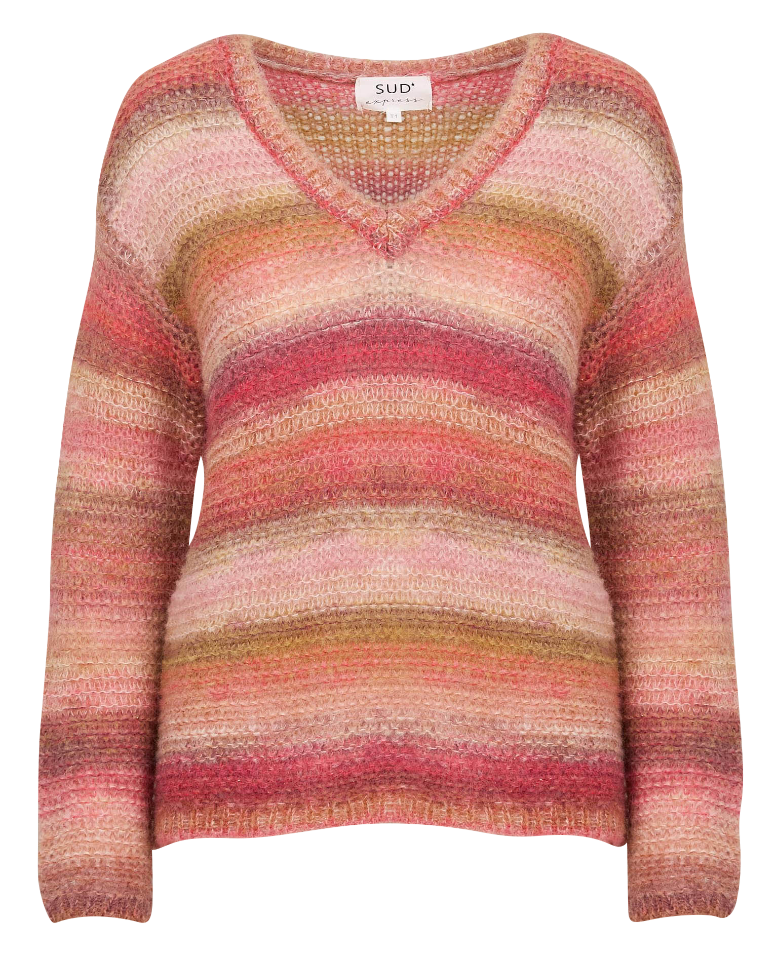 MAGALIE - Pull col V rayé en laine mélangée | Rouge