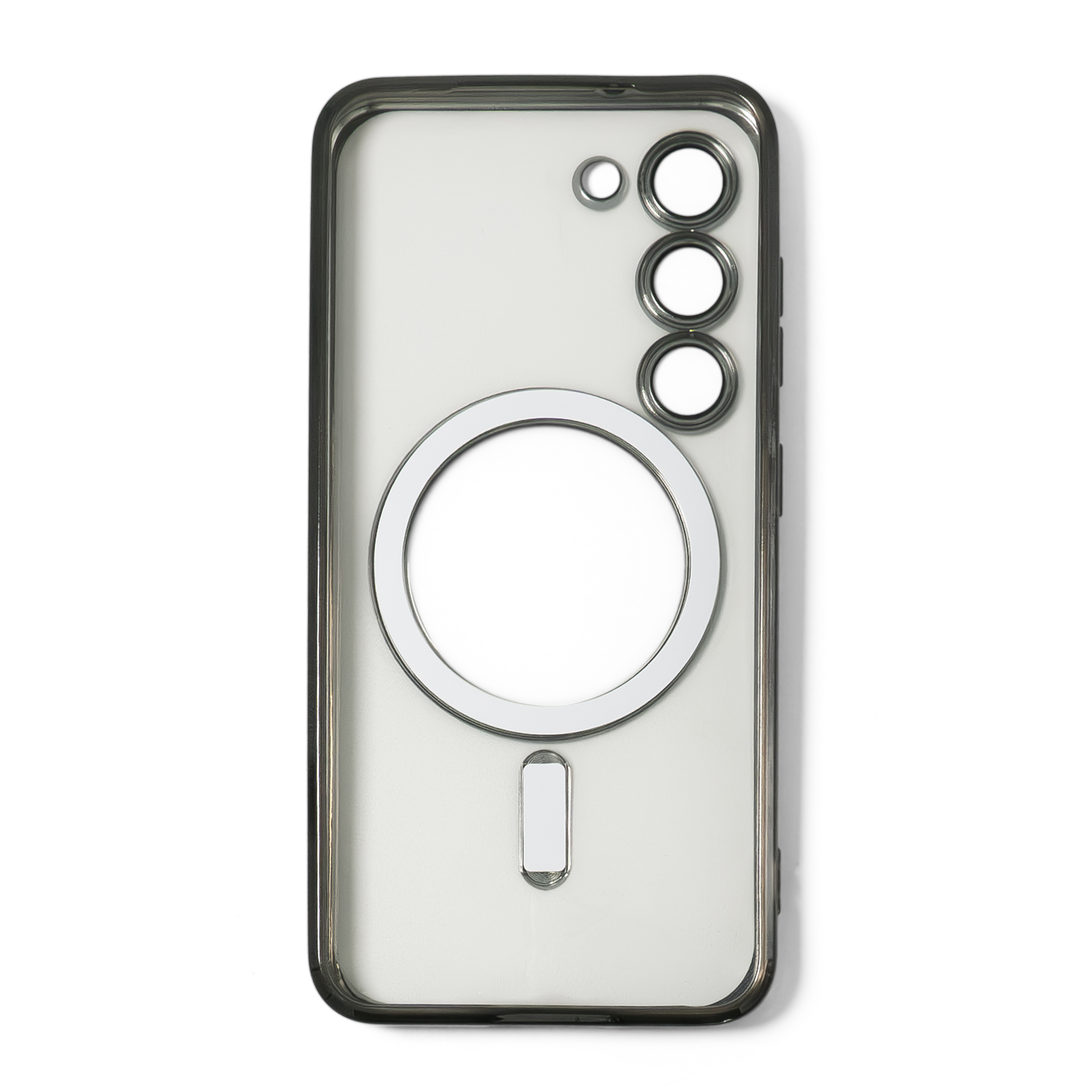 Samsung Galaxy S23 5G Magnetische Gummi Case Hülle Galvanisierter Rahmen Magsafe-Modul   Kameraglasschutz - Silber / Transparent