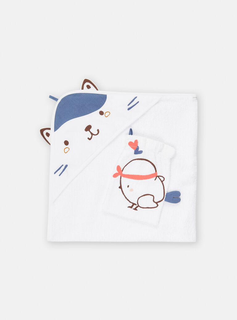 Pointe éponge et gant de toilette écru motif chat